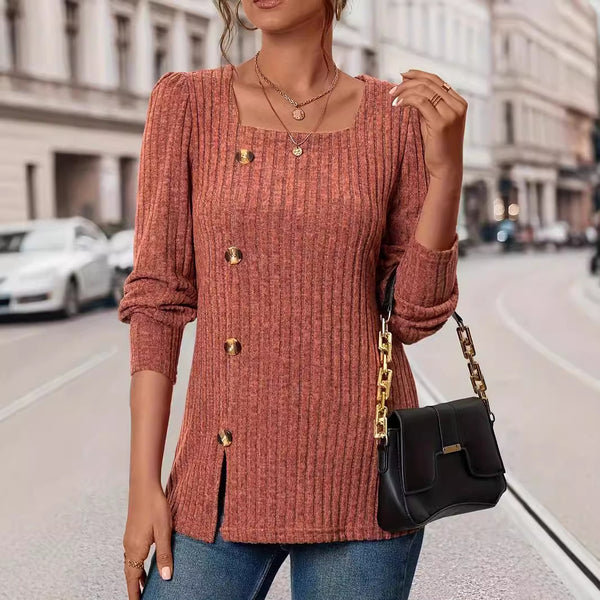 Square Collar Sunken Stripe Brushed Button Top Women