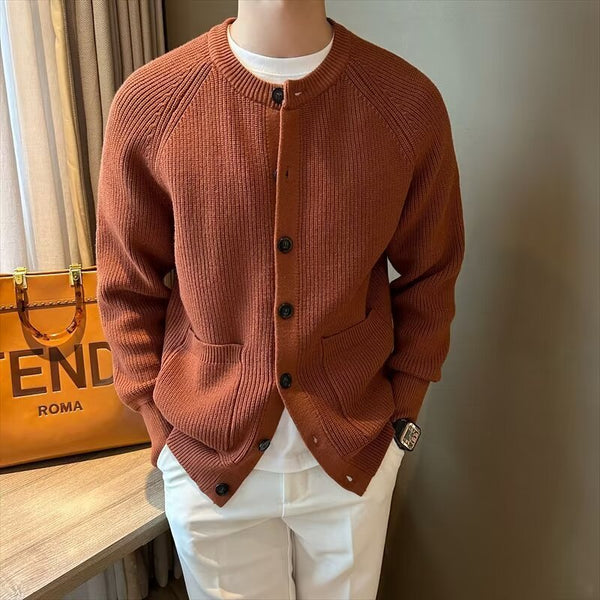 Cardigan Solid Color Round Neck Sweater Coat For Men