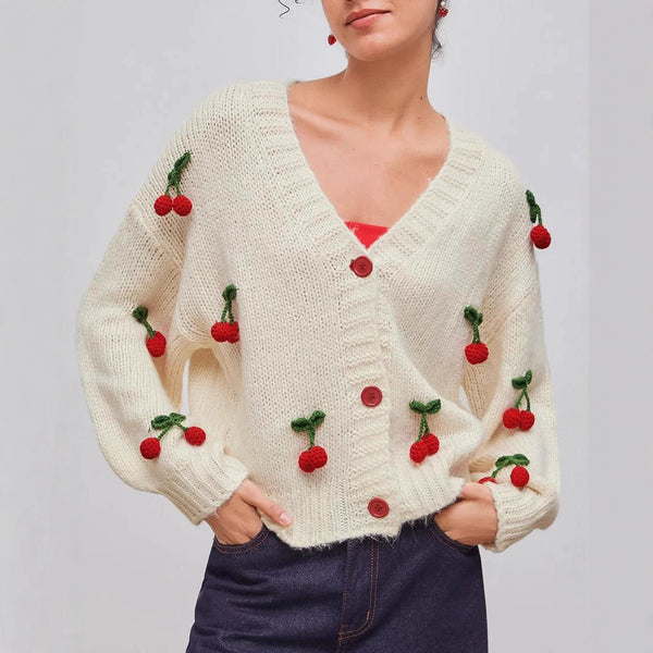 Cherry Decorative Single-breasted Knitted Coat Top Women