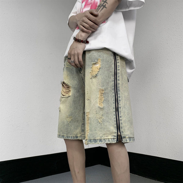 Retro Yellow Mud Ripped Denim Shorts Men's Loose Five Points