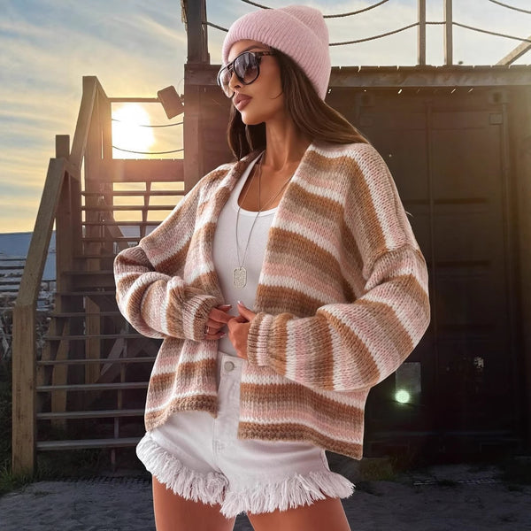 Rainbow Striped Sweaters Round Neck Long Sleeve Loose