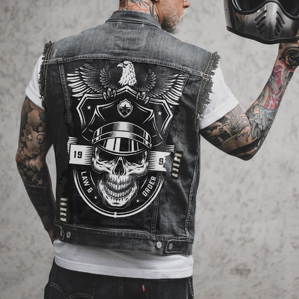 Street Denim Vest Multi-bag Distressed Sleeveless Jacket