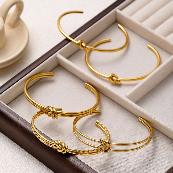 Stainless Steel 18K Gold Plating Knotted C- Shaped Open Double-layer Bracelet