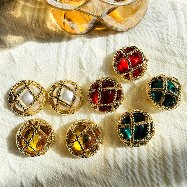 Diamond Plaid Silver Stud Earrings Mid-ancient Round New Chinese Alloy Simple Electroplated DIY Earrings