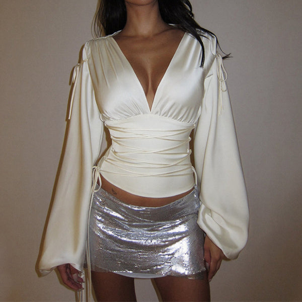 European And American Long-sleeved Shirt High Elastic Satin Cinched Blouse Drawstring Women