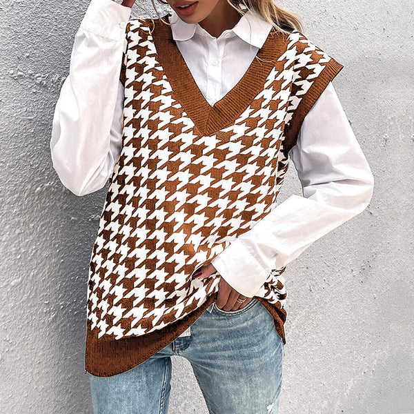 Loose Houndstooth V-neck Knitted Vest Women
