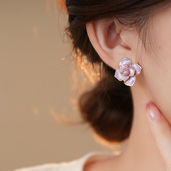 Gold Plated Silver Needle Purple Oil-spot Glaze Flowers Stud Earrings