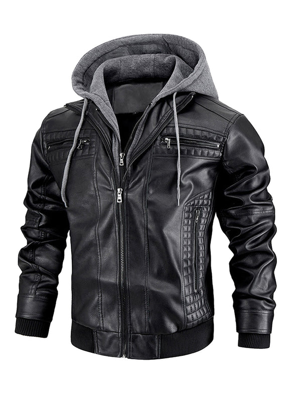 Men's Faux Leather Jacket Motorcycle Jacket Waterproof Windproof PU Moto Vintage Bomber Hoodie With Removable Hood